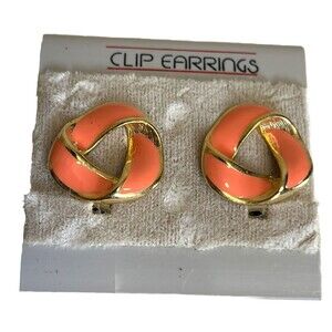 Ribbon Earrings Vintage 80s‎ Clip On Coral Gold Tone New Classic Romantic Twee